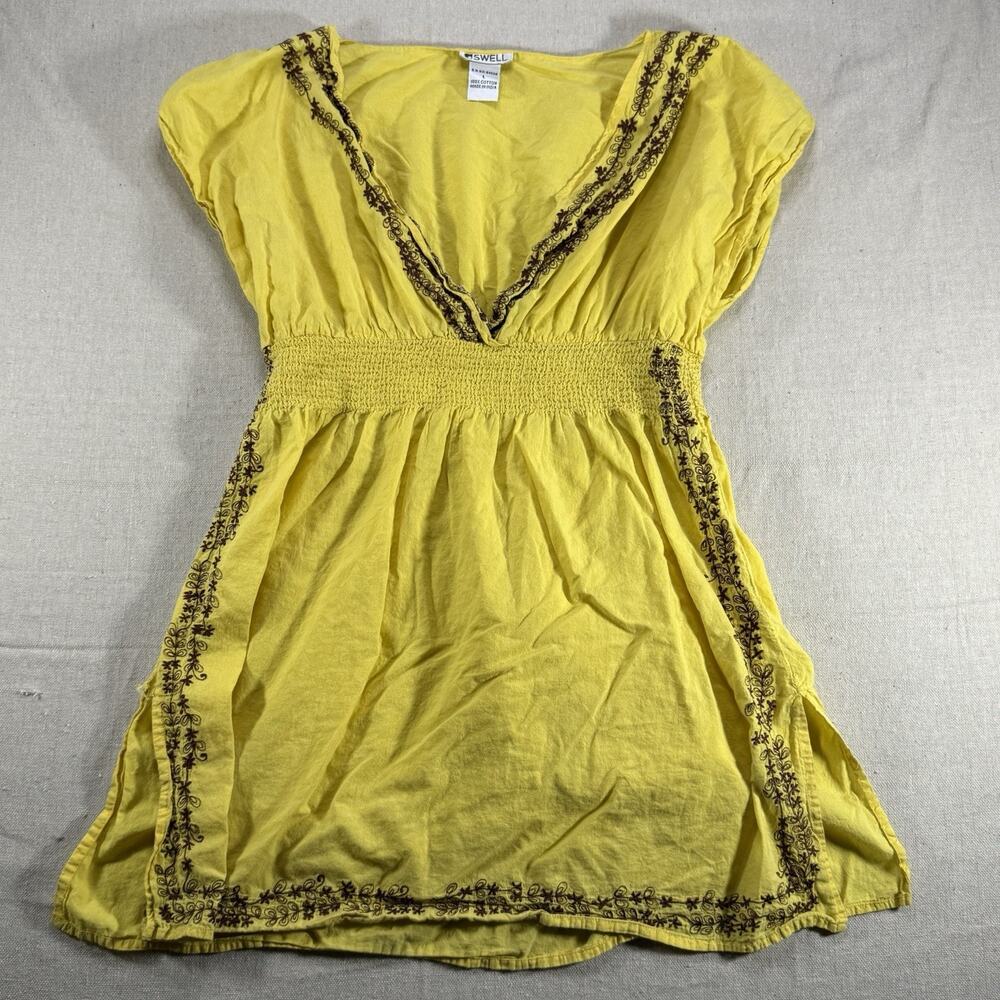 Vintage Swell Boho Embroidered Tunic Top Yellow Cotton Y2k Babydoll Womens L